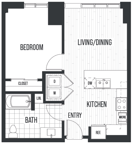 Floor plan for 1 bed, 1 bath, 624 sqft